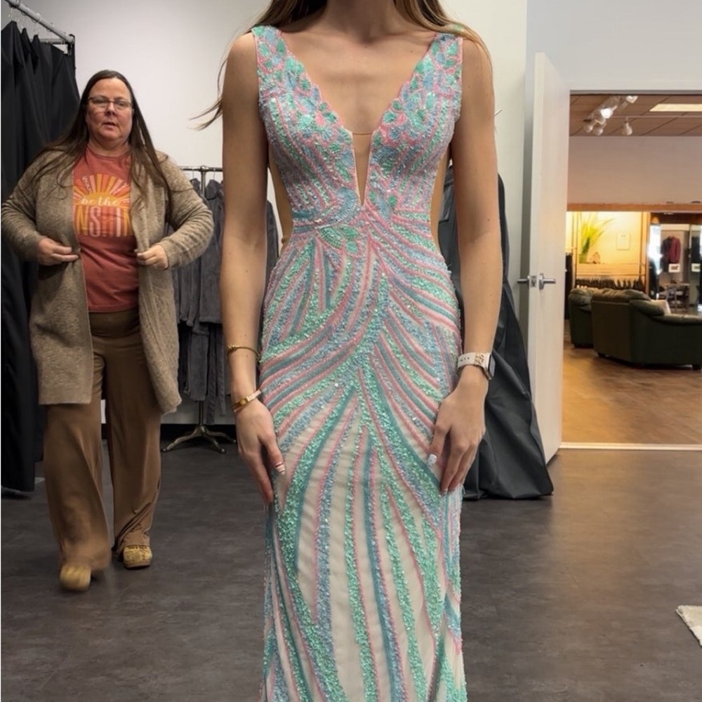 Beaded Deep V Prom Gown in Mint and Pink